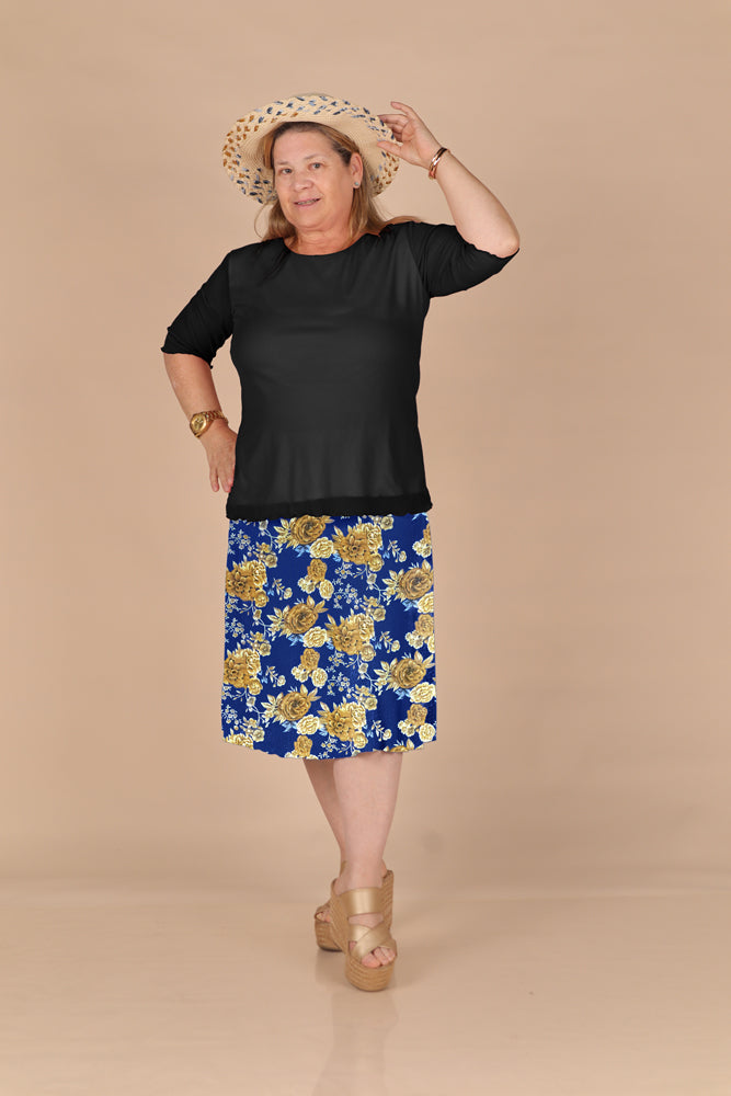 Falda Clásica con Pretina Ancha - Floreado Azulino