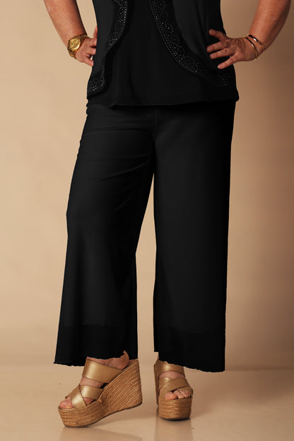 Pantalón Palazzo de Tul con Pretina Ancha - Negro