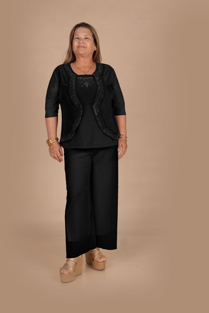 Pantalón Palazzo de Tul con Pretina Ancha - Negro