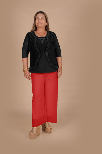 Pantalón Palazzo de Tul con Pretina Ancha - Rojo