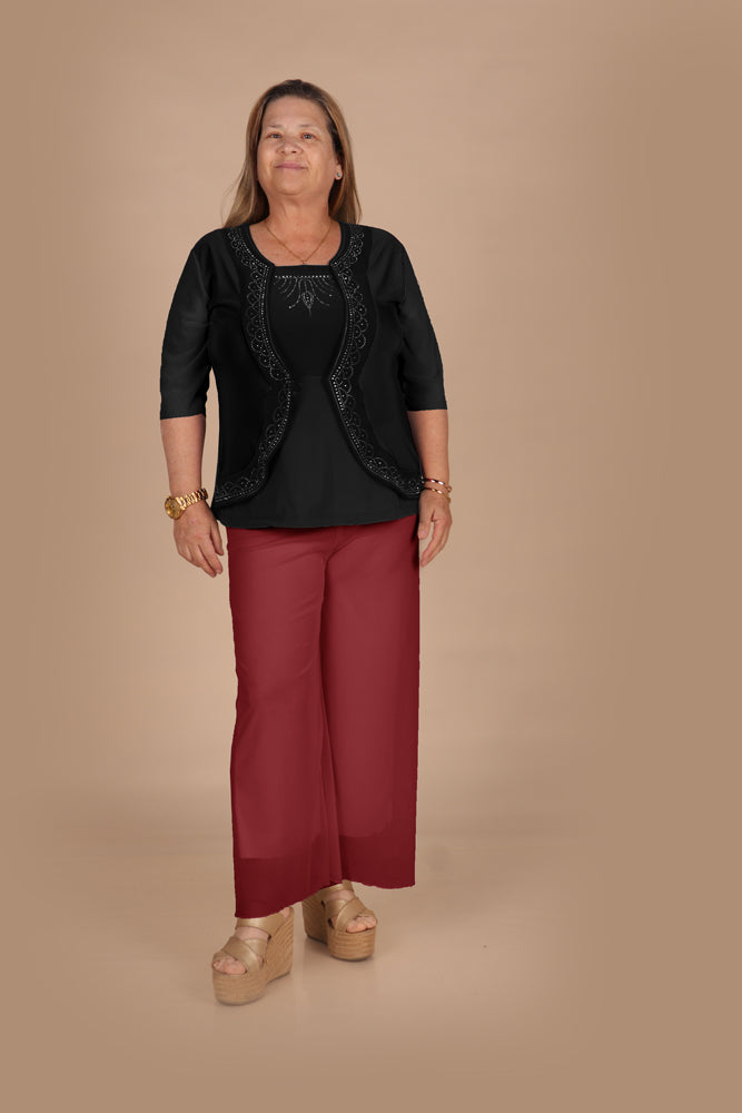 Pantalón Palazzo de Tul con Pretina Ancha - VINO