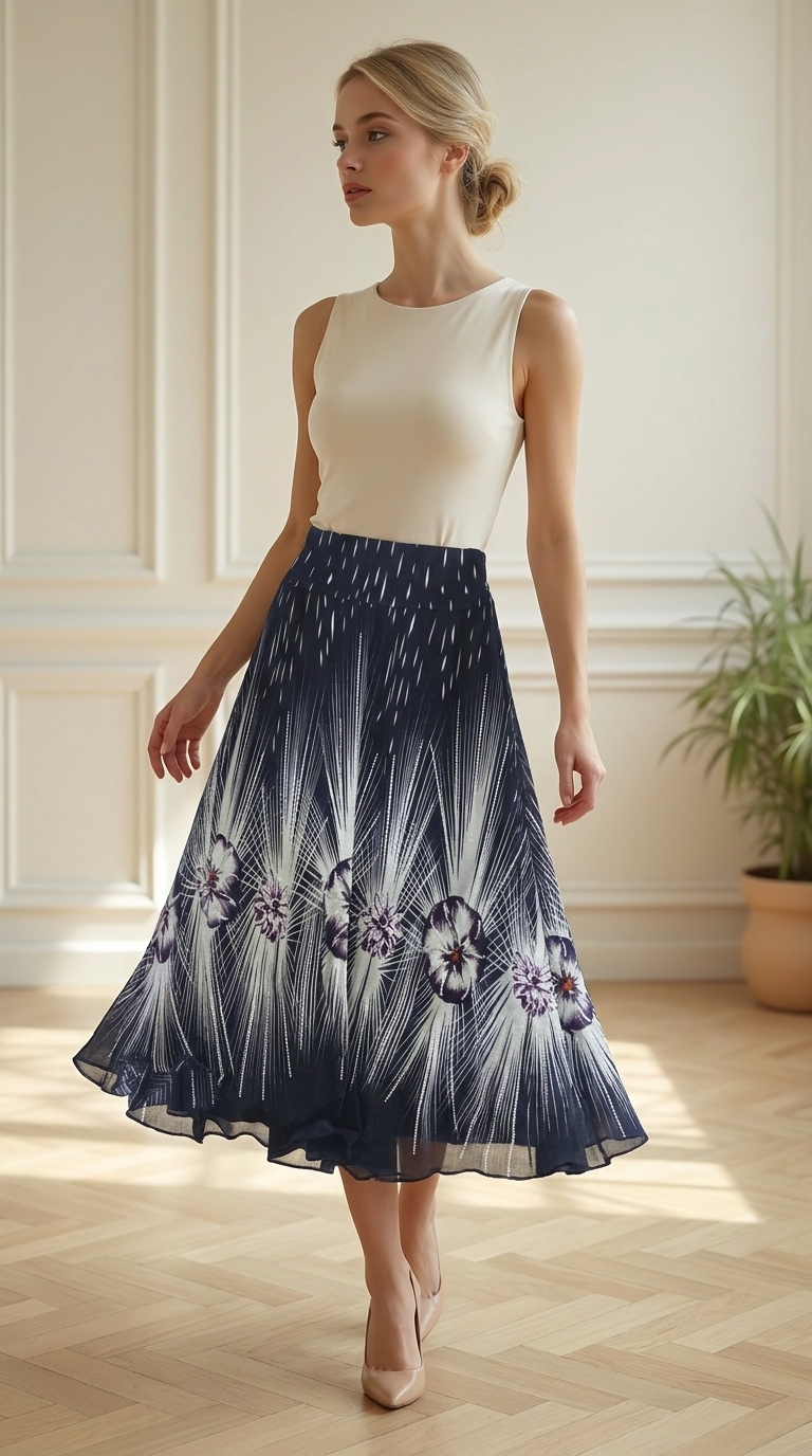 Falda Gasa Cenefa Azul Marino-Blanco larga